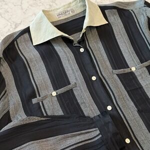 Vintage 90s Jaeger Silk Button Up Shirt Black Cream XL